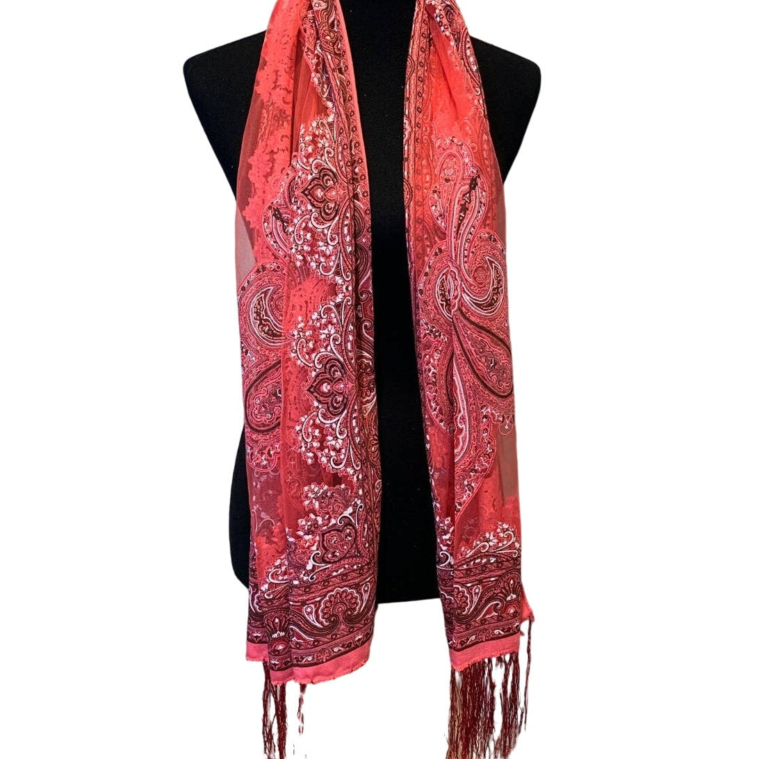 New Pink Floral Paisley Silver Glitter Fringed Sheer Lightweight Fashion Scarf