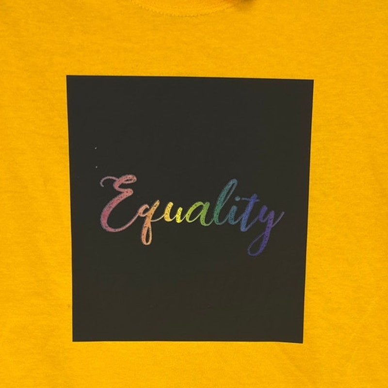 Upcycled Hand Printed Womens Small Rainbow Equality Short Sleeve Tee Shirt