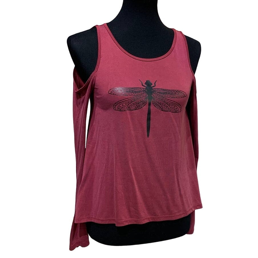 Hand Printed Upcycled Hollister Women XS Dragonfly Long Sleeve Cold Shoulder Tee