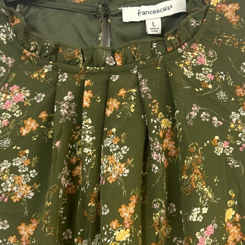 New Francescas Womens Large Green Orange Floral Gathered Waist Boho Flowy Dress