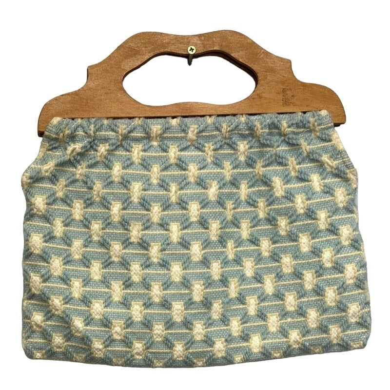 Vintage 1980s Handmade Wood Handle Woven Yarn Fabric Purse Handbag Bag