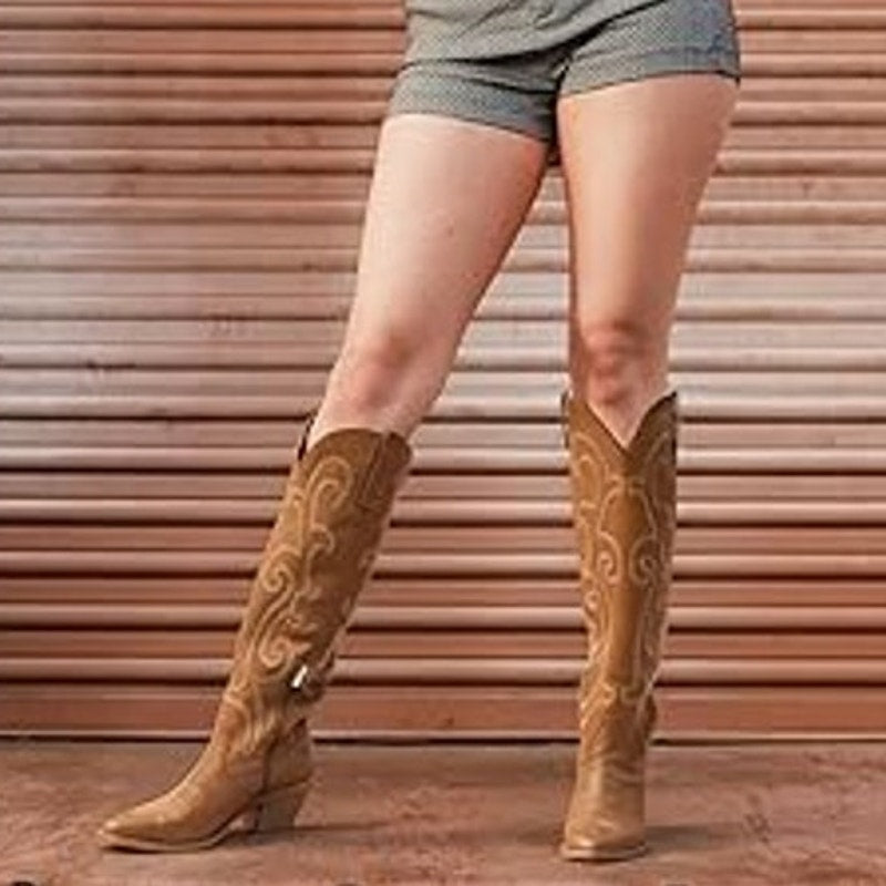 Rollda Womens Size 9 Brown Faux Leather 3" Block Heel Western Cowboy Boots