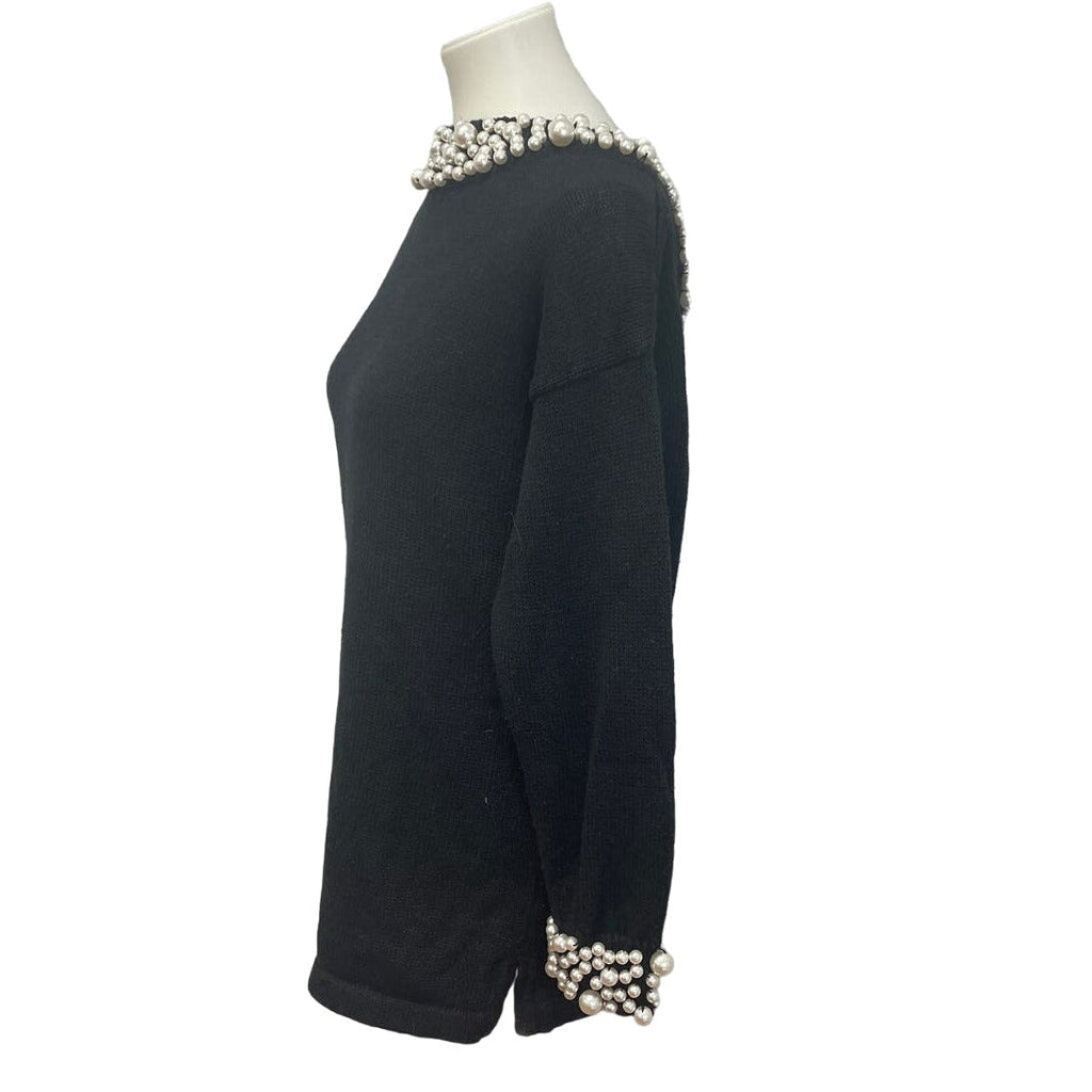 Bimo Womens Small Long Sleeve Deep V Back Sew On Pearl Beads Pullover Sweater
