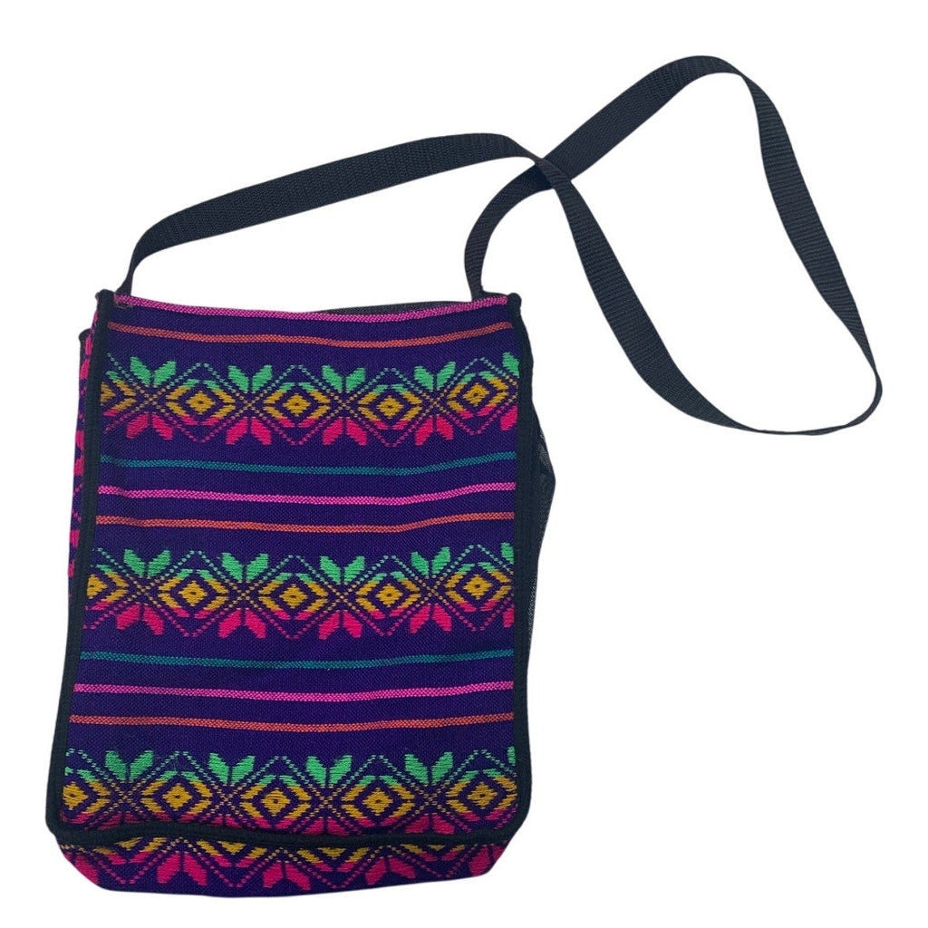 Neon Rainbow Mexican Floral Stripe Woven Side Pocket Fabric Reusable Tote Bag
