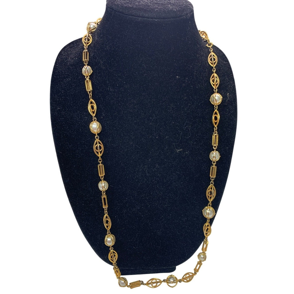 Vintage 33" Faux Pearl Art Deco Long Gold Toned Chain Link Necklace