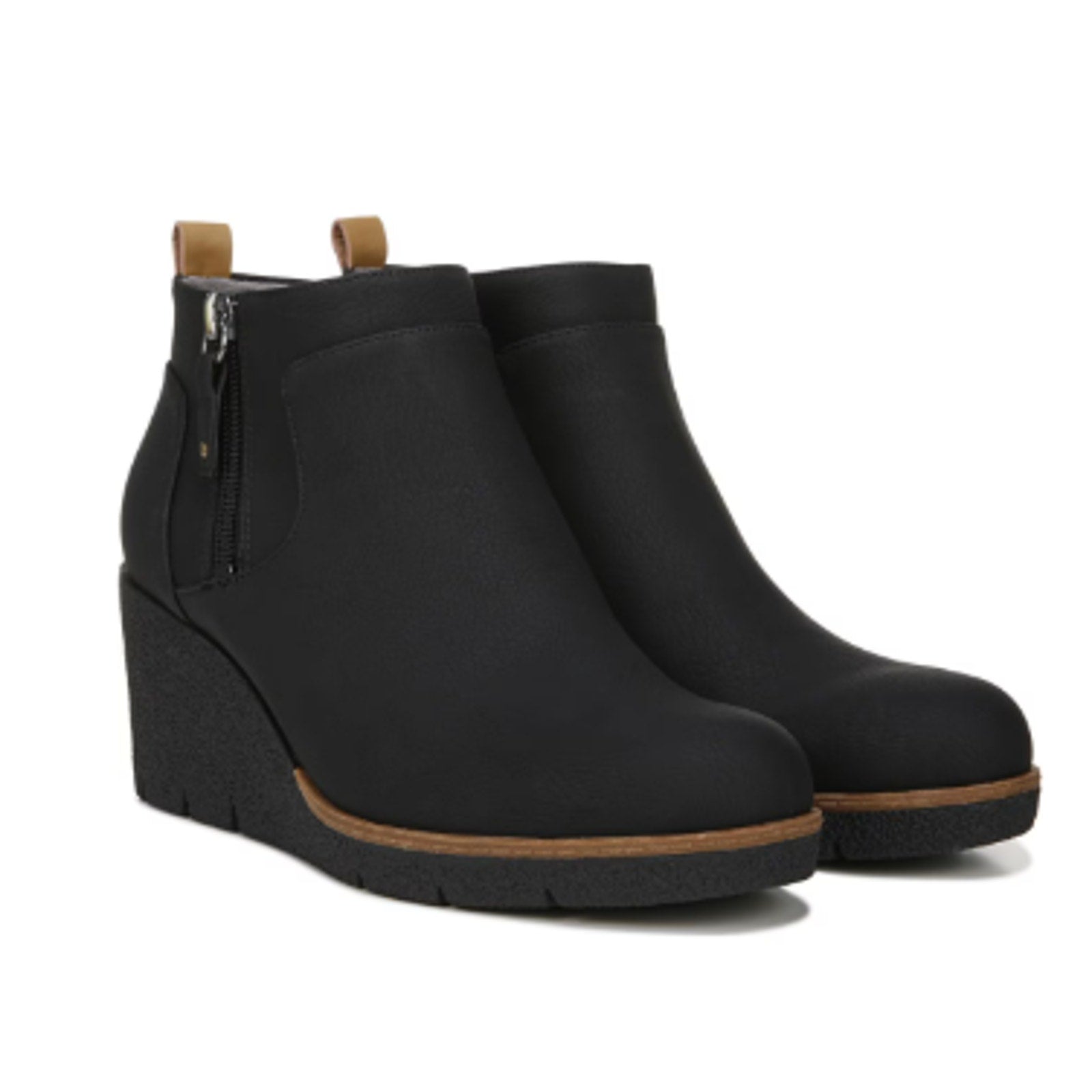 New In Box Dr Scholls Womens 8.5 Black Faux Leather Bianca Wedge Bootie Shoes