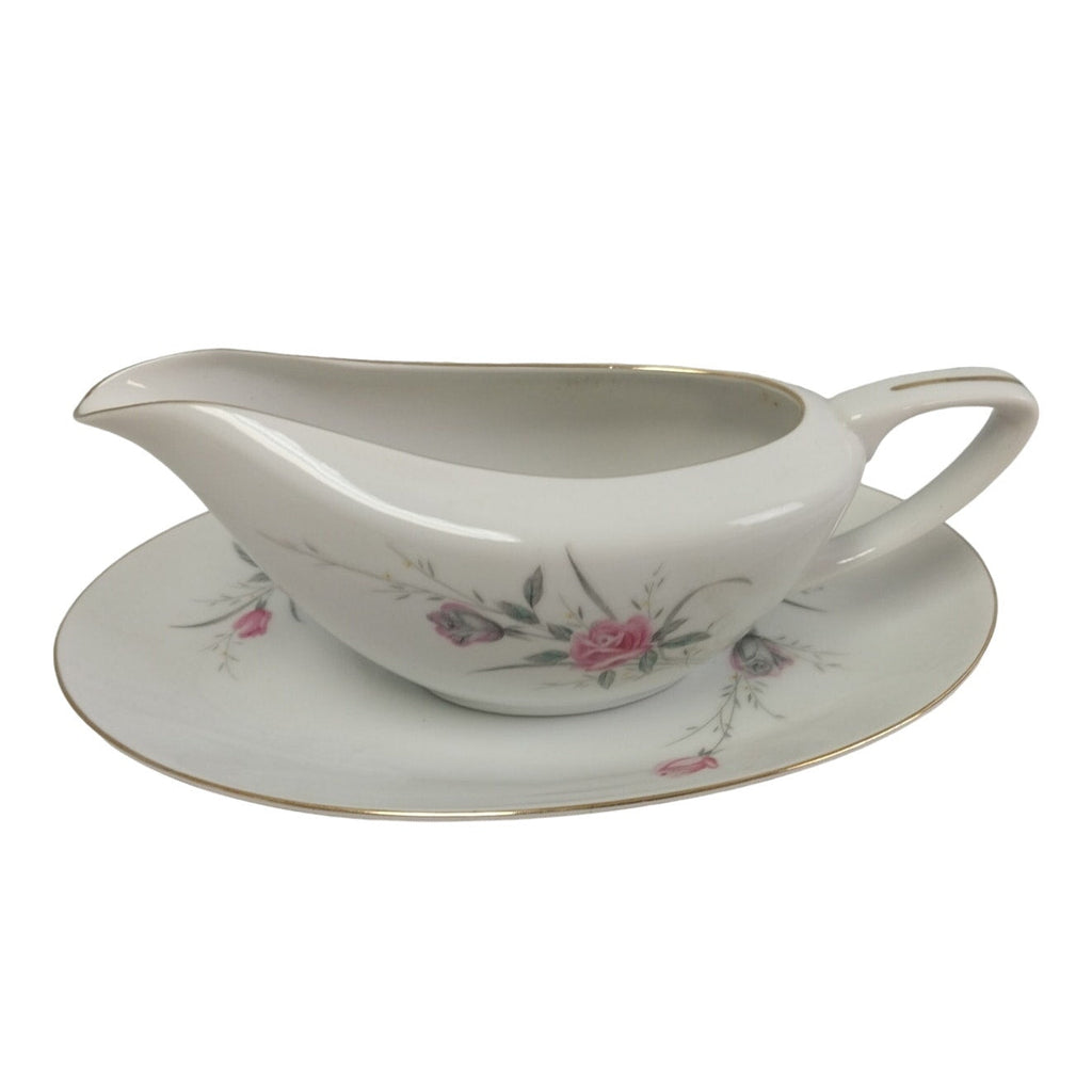 Vintage Golden Rose Flower Gold Rim Gravy Boat Fine China Japan w Saucer Plate