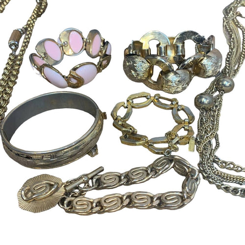 10 Piece Vintage Gold Toned Chain Link Beaded Necklace Bracelet Jewelry Lot