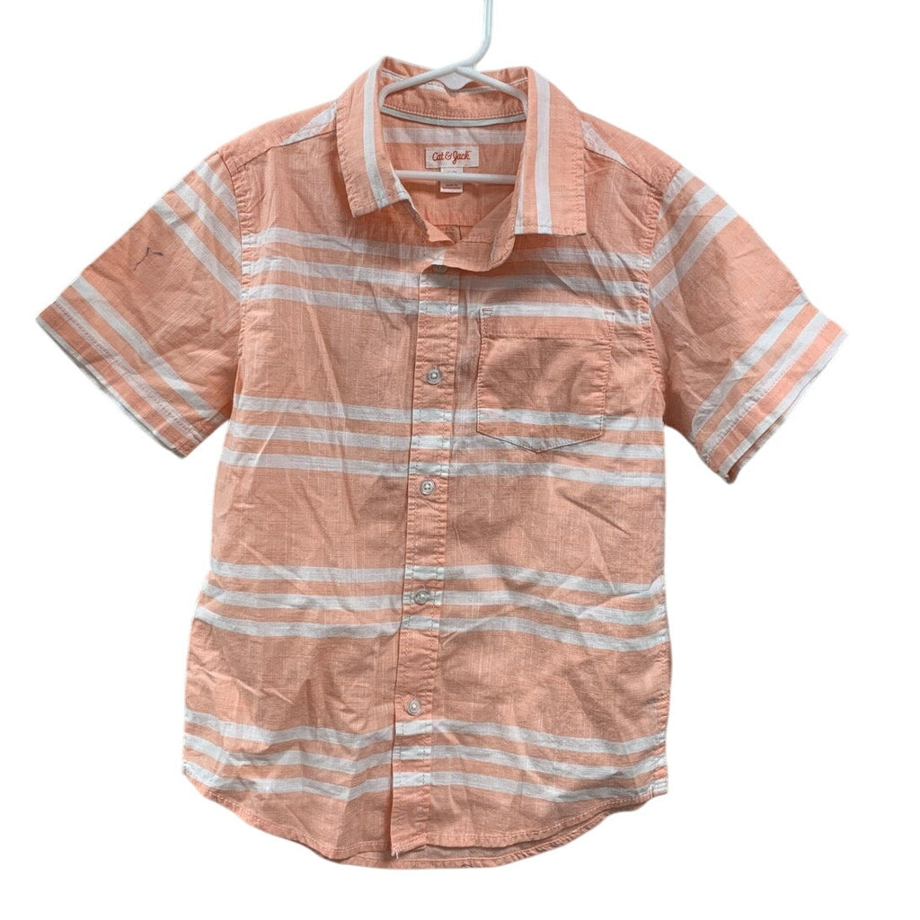 2 New Cat & Jack Boys Medium (8) Short Sleeve Striped Melon Button Up Shirts