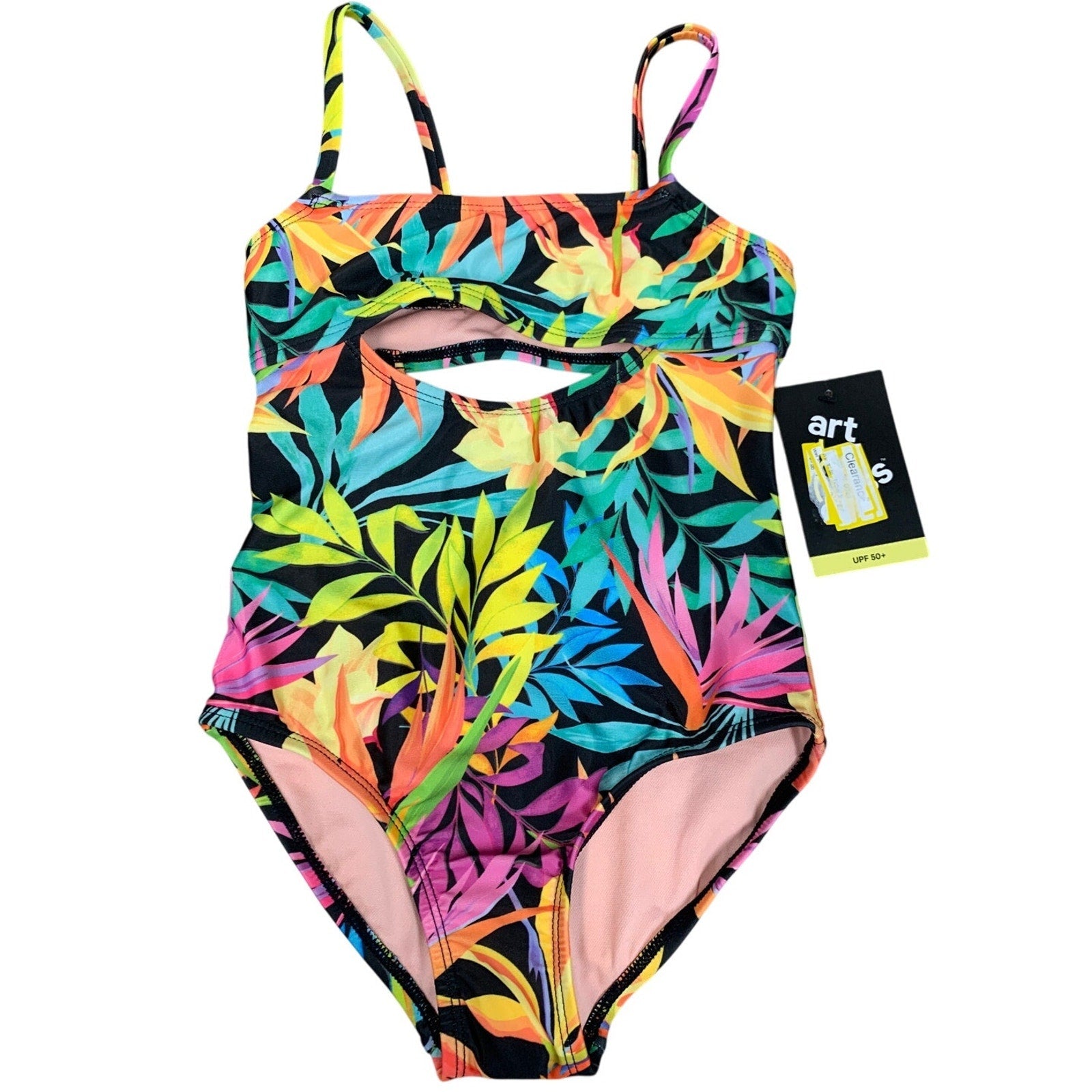 New Art Class Girls XS (4/5) Keyhole Front Open Back Tropical 1PC Swimsuit