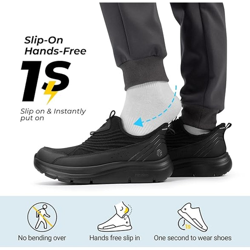 FitVille Mens 13W Wide Black Mesh Slip On Breathable Hands Free Walking Shoes