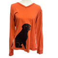 Hand Printed Upcycled Womens Large Black Lab Dog Puppy Long Sleeve V-Neck Tee