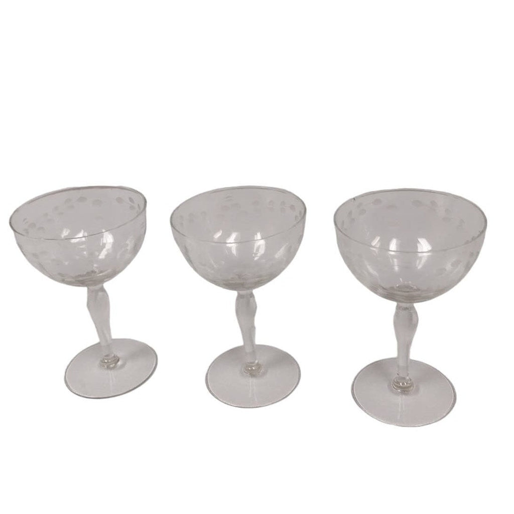 3 Vintage Delicate Glass Polka Dot Leaves Stemmed Drinking Wine Glasses w Chip