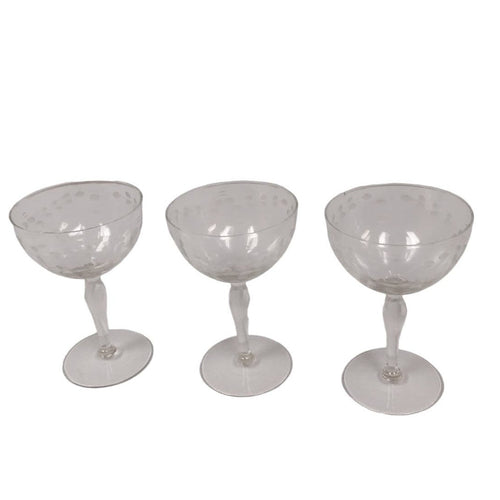 3 Vintage Delicate Glass Polka Dot Leaves Stemmed Drinking Wine Glasses w Chip