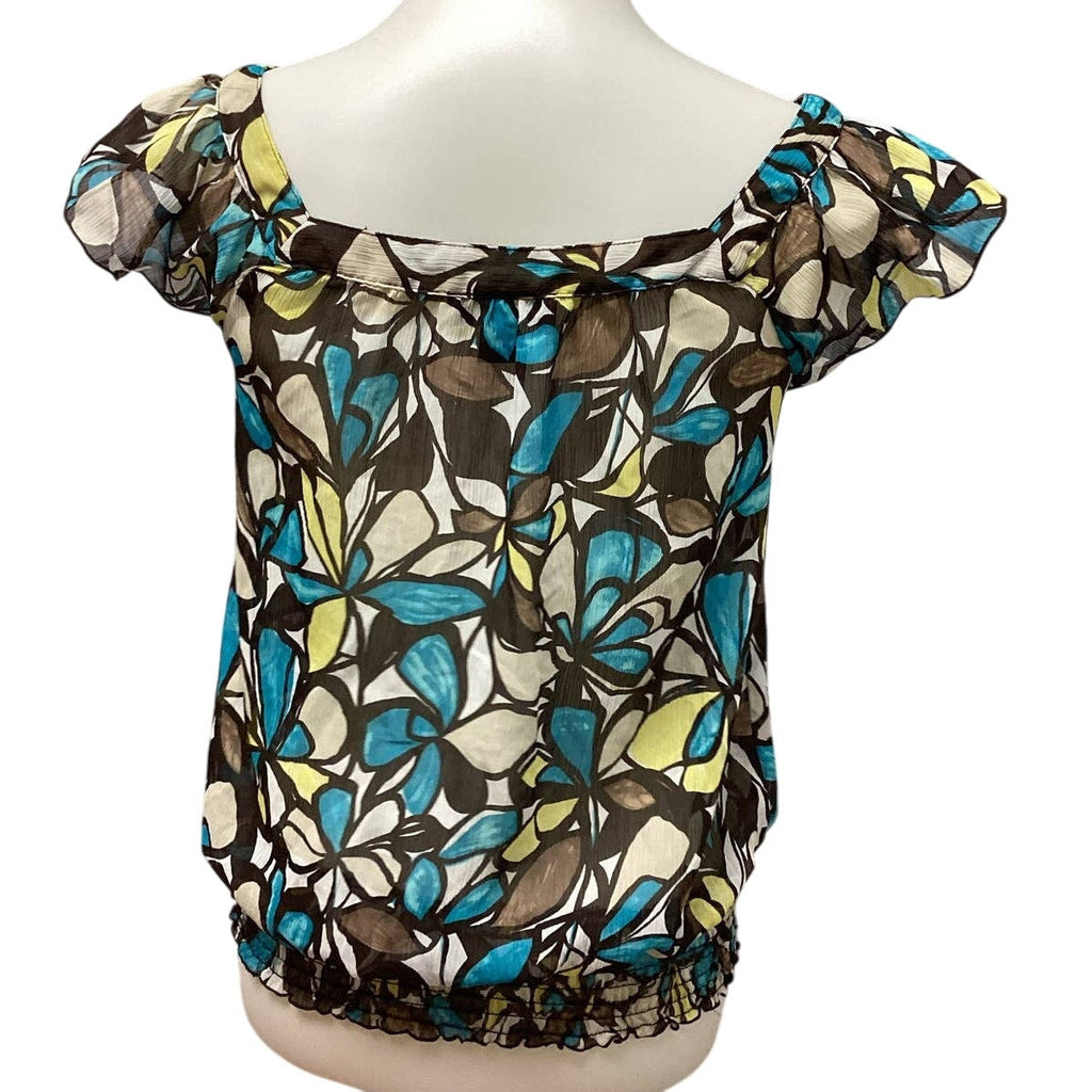 BCX Medium Sheer Gathered Waist Boatneck Ruffled Sleeve Geometric Floral Blouse