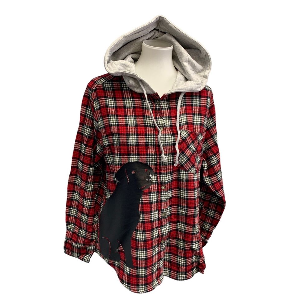 New Hand Printed Womens Medium Black Lab Dog Long Sleeve Plaid Flannel Hoodie