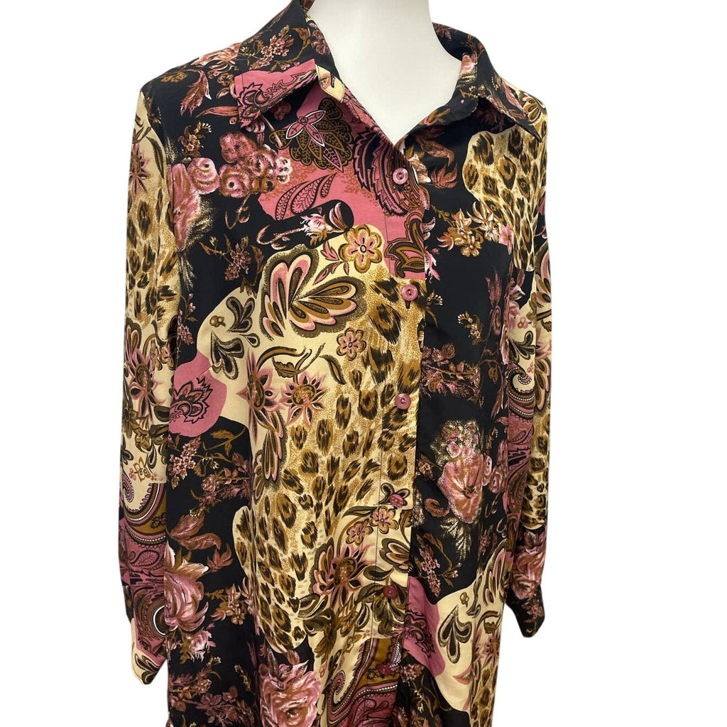Brylane Woman 20W Floral Paisley Long Sleeve Flowy Polyester Button Up Blouse