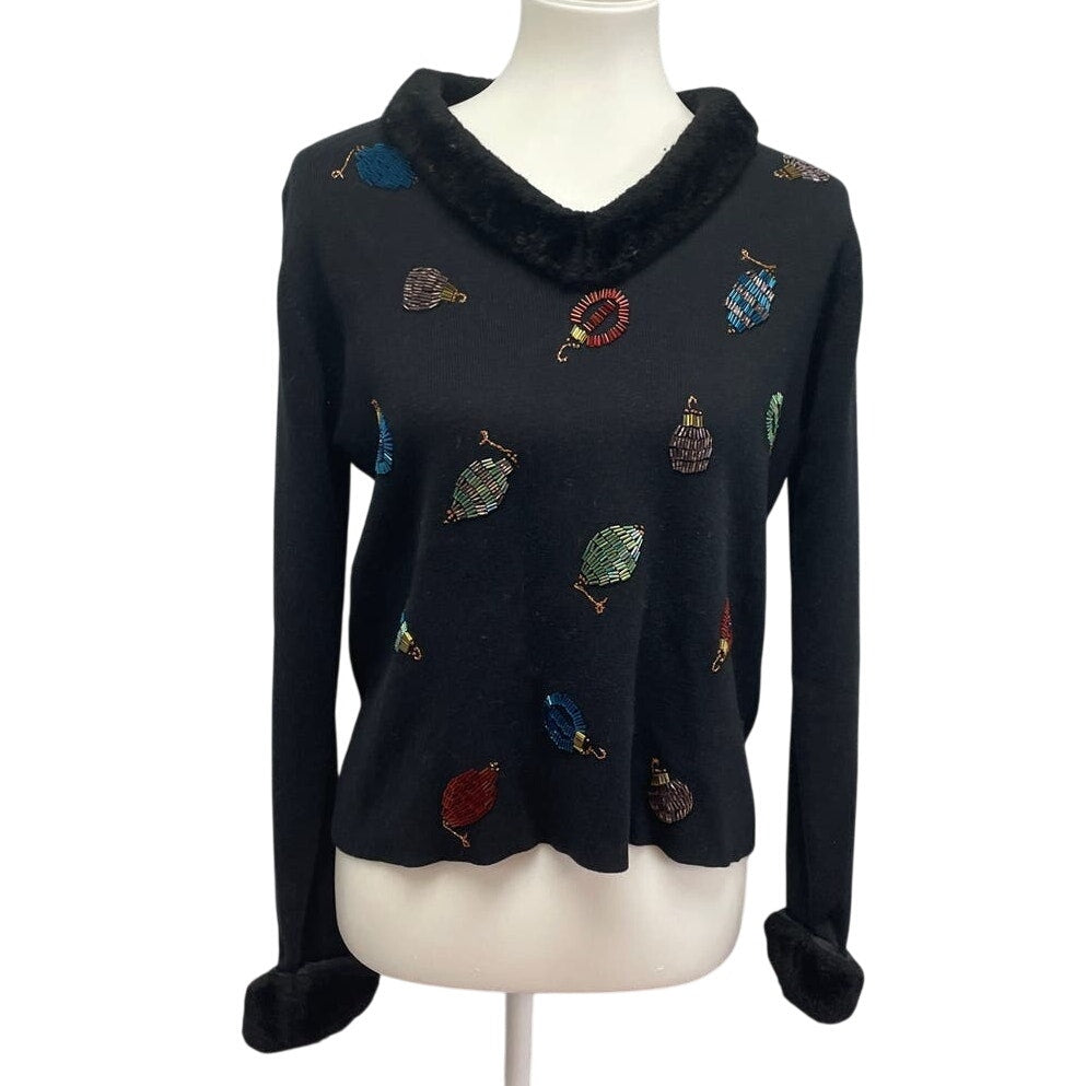 Telluride Clothing Co Womens Large Christmas Ornament Beaded Faux Fur Sweater