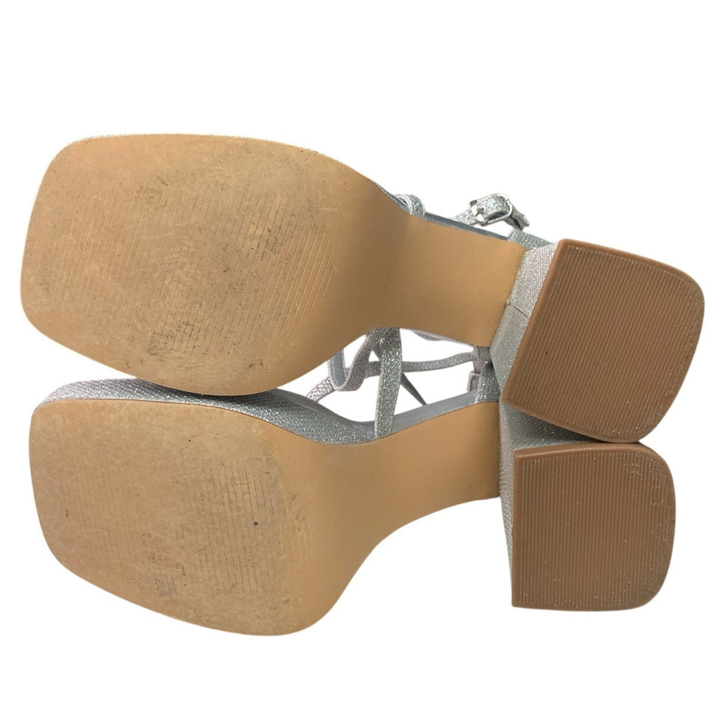 Idifu Womens 7.5 Silver Gillter Open Toe 4" Block Heel Ankle Strap Sandal Shoes