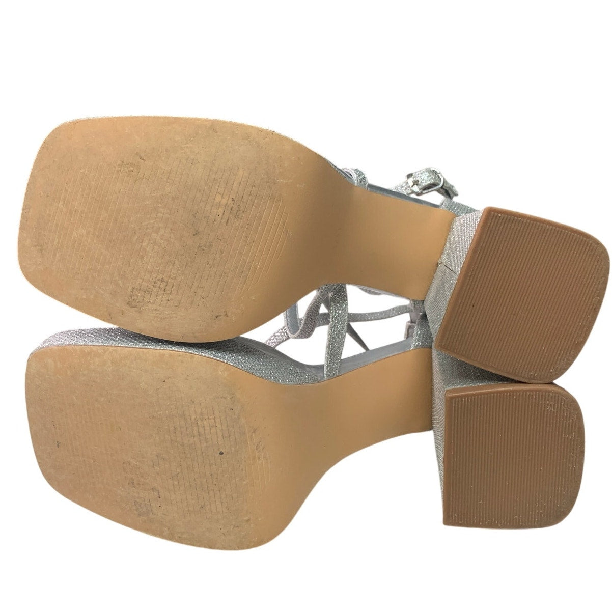 Idifu Womens 7.5 Silver Gillter Open Toe 4" Block Heel Ankle Strap Sandal Shoes