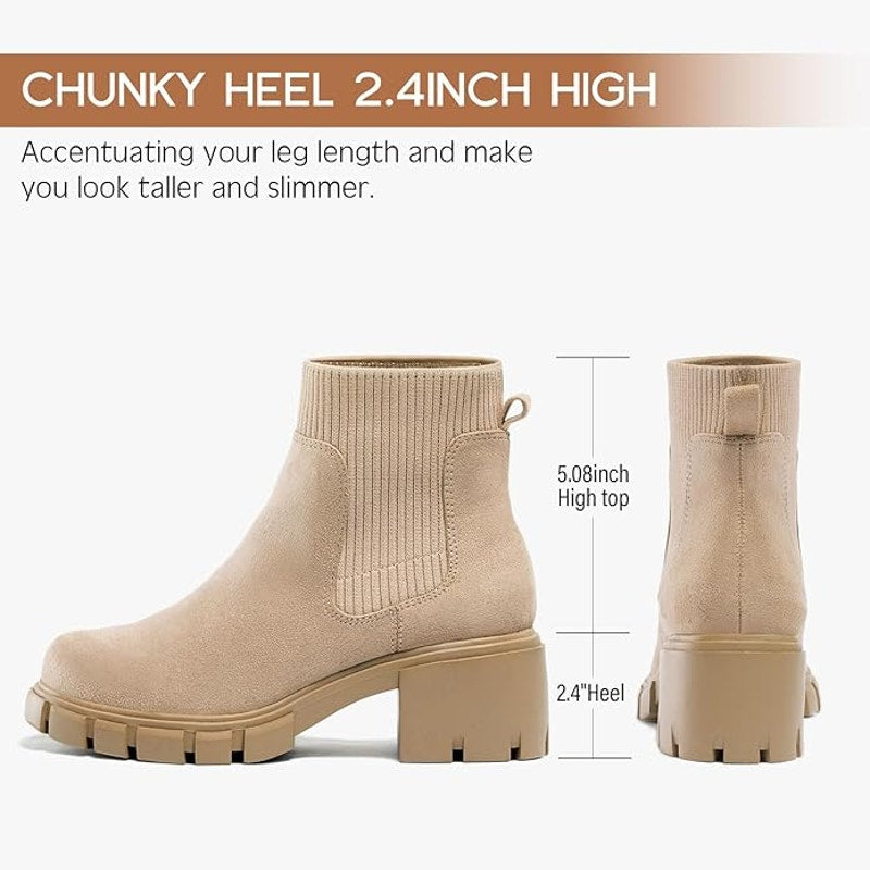 Fitory Womens 8.5 Tan Faux Suede Elastic Ankle Booties Lug Sole Chelsea Boots