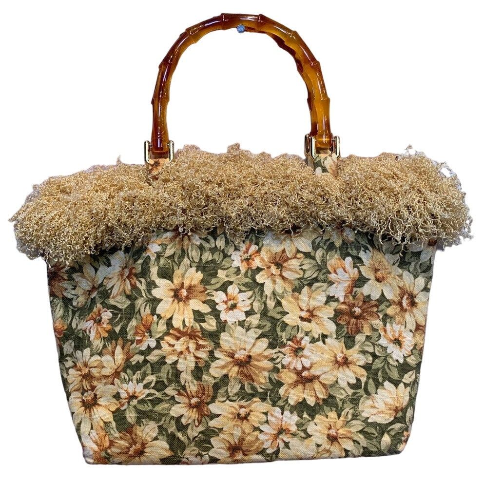 Handmade Yellow Daisy Green Floral Frilly Handbag One of A Kind Purse w Pockets