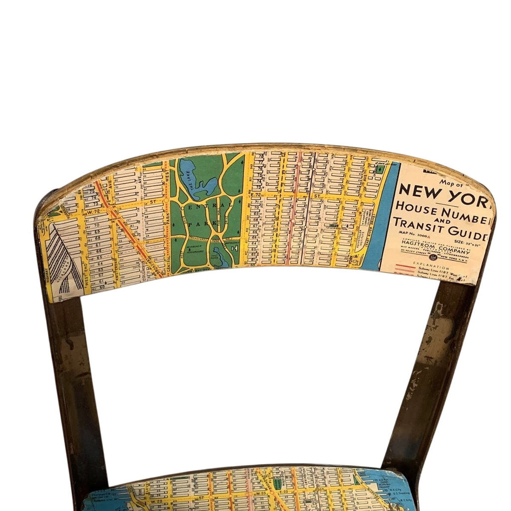 Vintage Small Metal & Wood Child Desk Chair Decoupaged w 1952 Manhattan Map