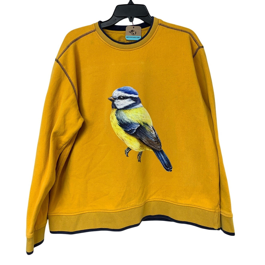Upcycled Hand Printed Womens XL Yellow Blue Wild Bird Long Sleeve Sweatshirt