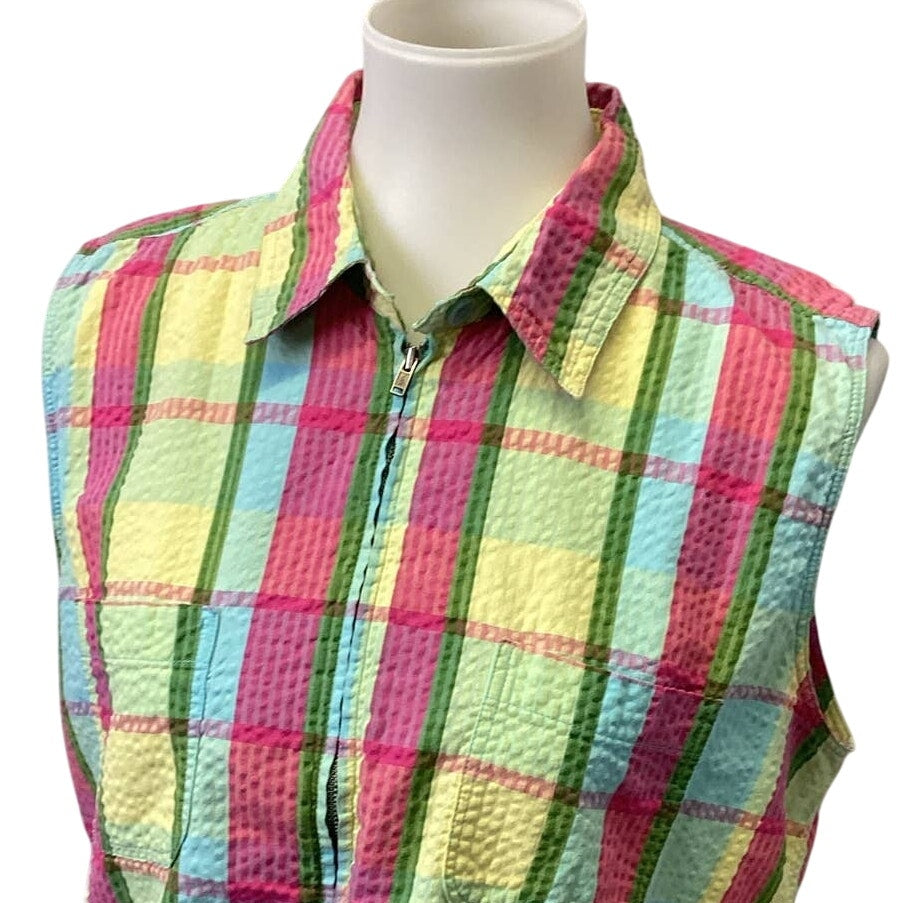 Christopher & Banks Large Full Zip Sleeveless Plaid Cotton Blend Shirt Tank Top