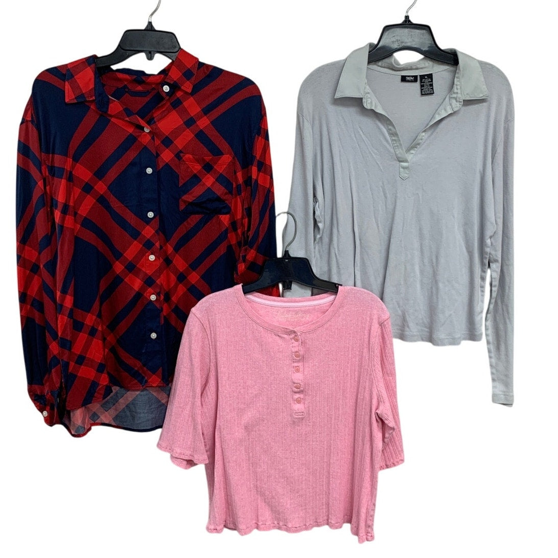 Lot of 3 Womens XL Button Up Henley Deep V Short Long Sleeve Tee Shirts