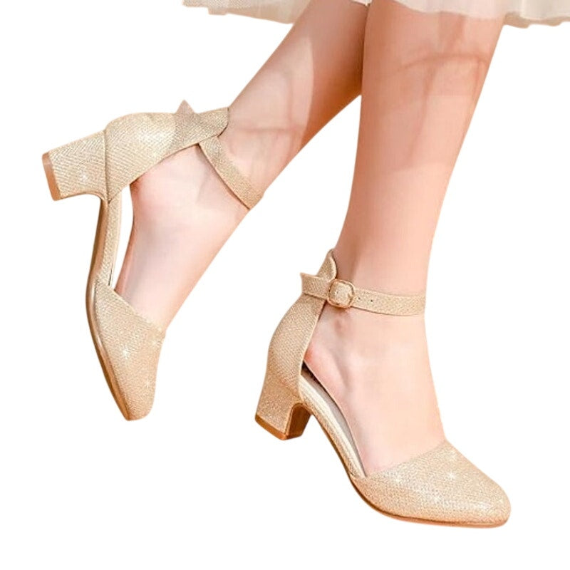 Laurmosa Girl Size 3 Gold Glitter Ankle Strap Low 2" Heel Closed Toe Dress Shoes