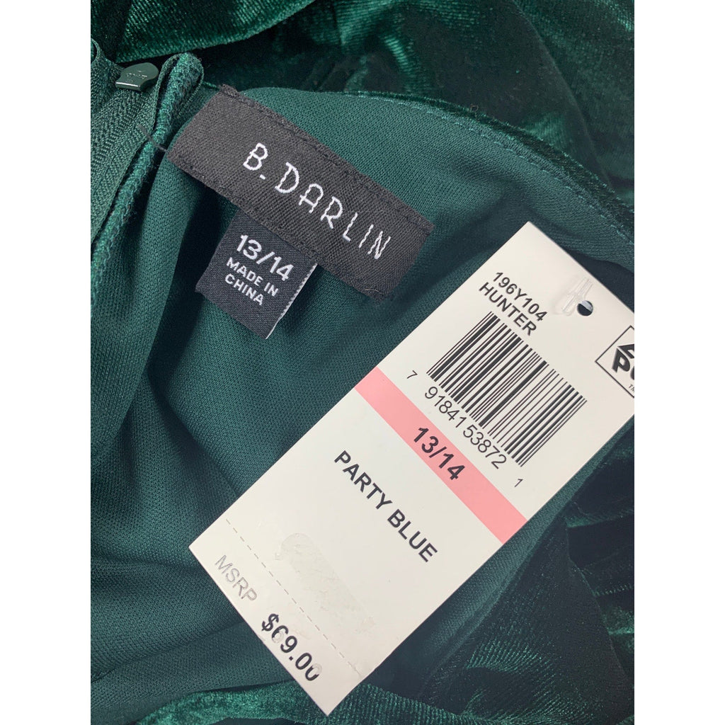 New B Darlin Juniors Size 13/14 Green Velvet Ruffled Strappy Prom Party Dress