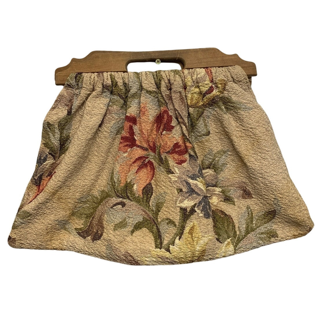 Vintage Handmade Wooden Handle Floral Tapestry Fabric No Clasp Handbag Purse