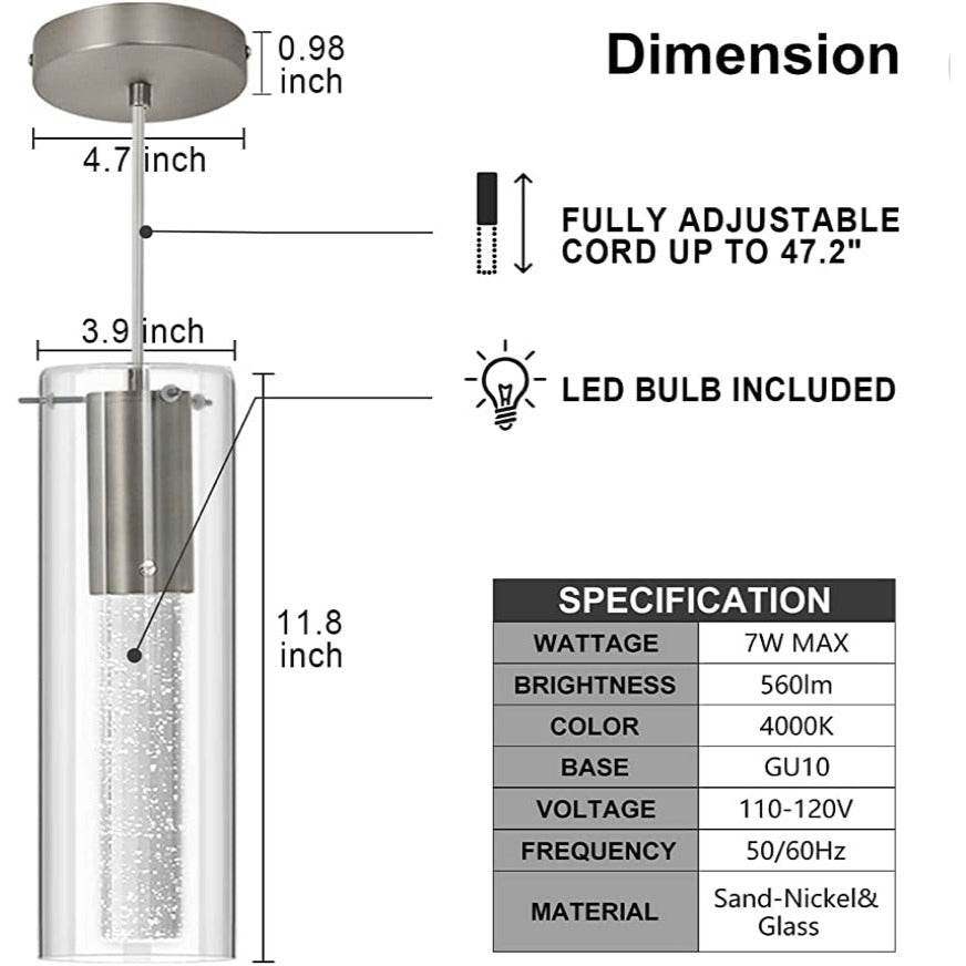 huong son Bubble Glass Pendant Lights Sand-Nickel Brushed, Mini Cylinder Pendant Light Fixture with Glass Shade, Indoor Pendant Lighting Adjustable Length, GU10 4000K LED Bulb Included, 3 Pack
