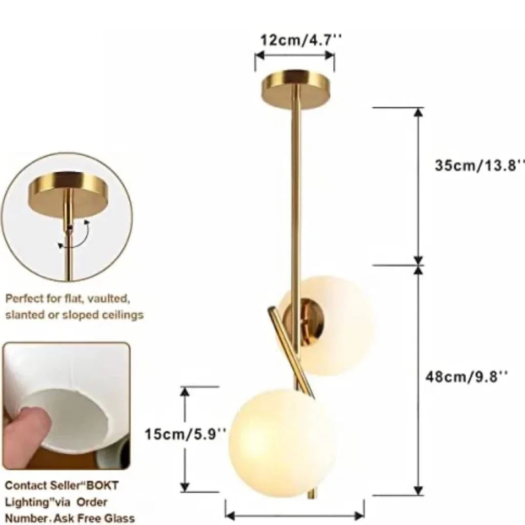 BOKT Mid Century Modern Kitchen Pendant Light 2-Lights Chandeliers Lighting Fixture, Golden with White Frosted Glass Globe Lampshade