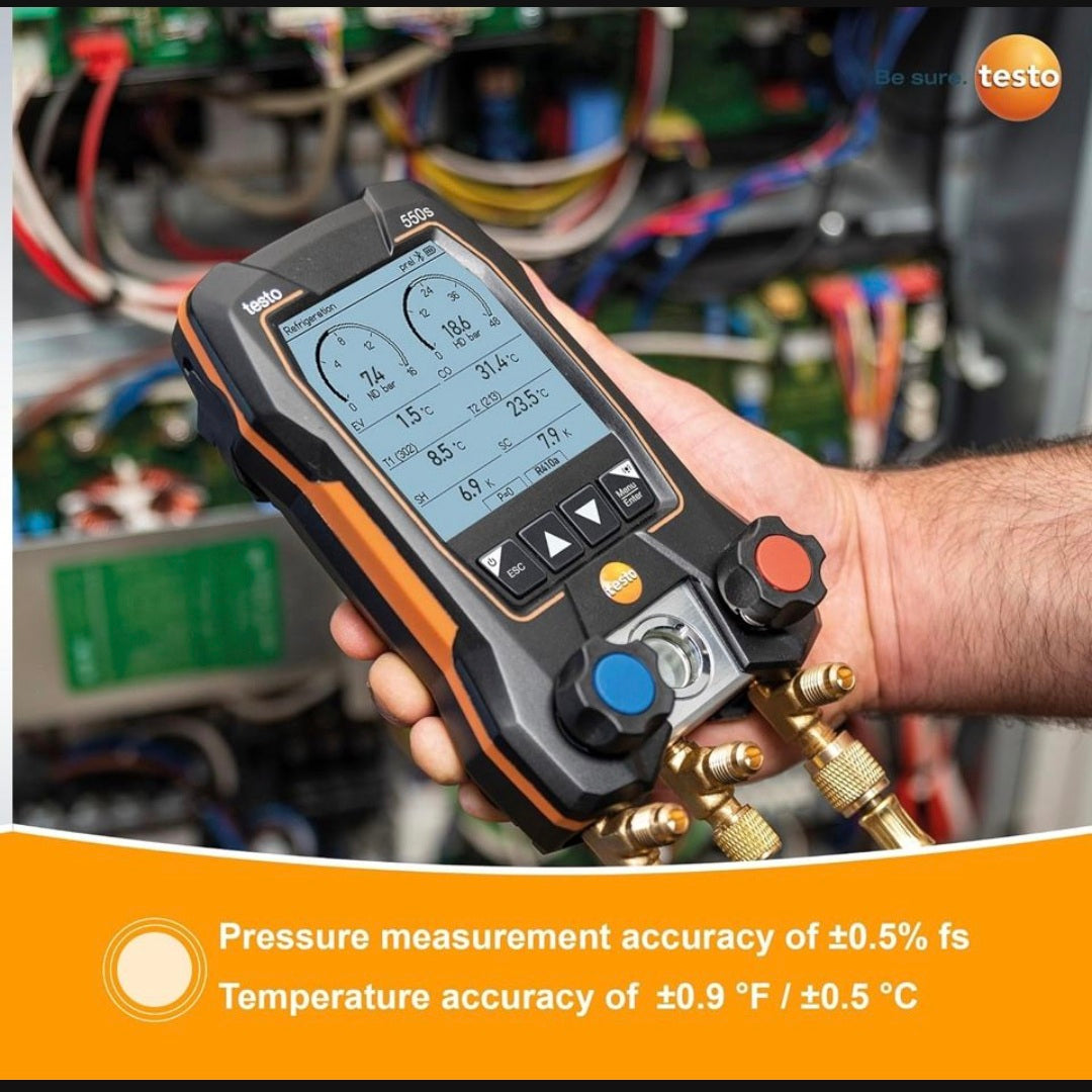 Open Box testo 550s AC Manifold Gauge Set - Manifold Gauges Hvac and Refrigeration - Incl. 2x testo 115i Pipe Clamp Thermometer, 1x testo 552i Micron