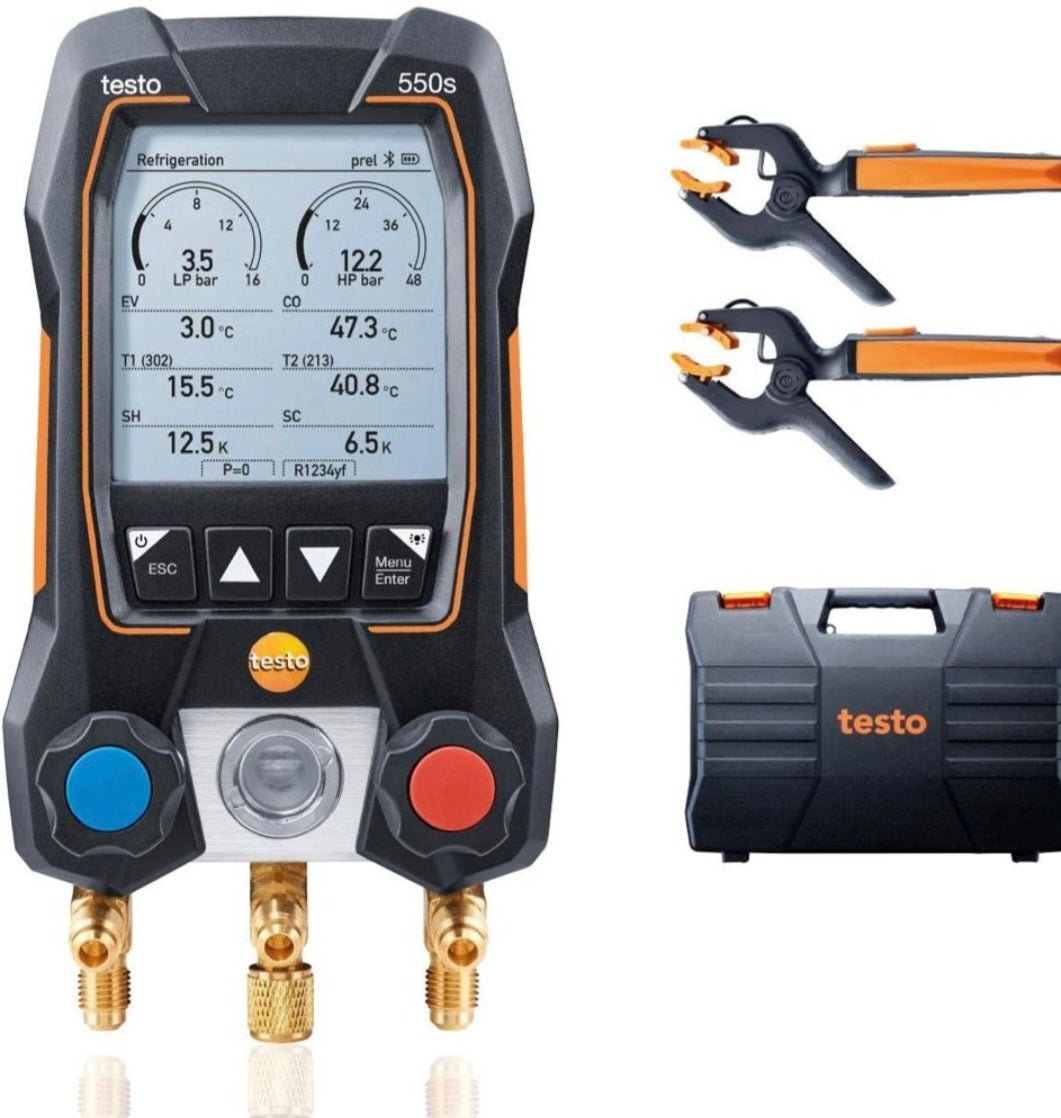 Open Box testo 550s AC Manifold Gauge Set - Manifold Gauges Hvac and Refrigeration - Incl. 2 Wired Temperature Clamp Probes - AC Recharge Kit with sup