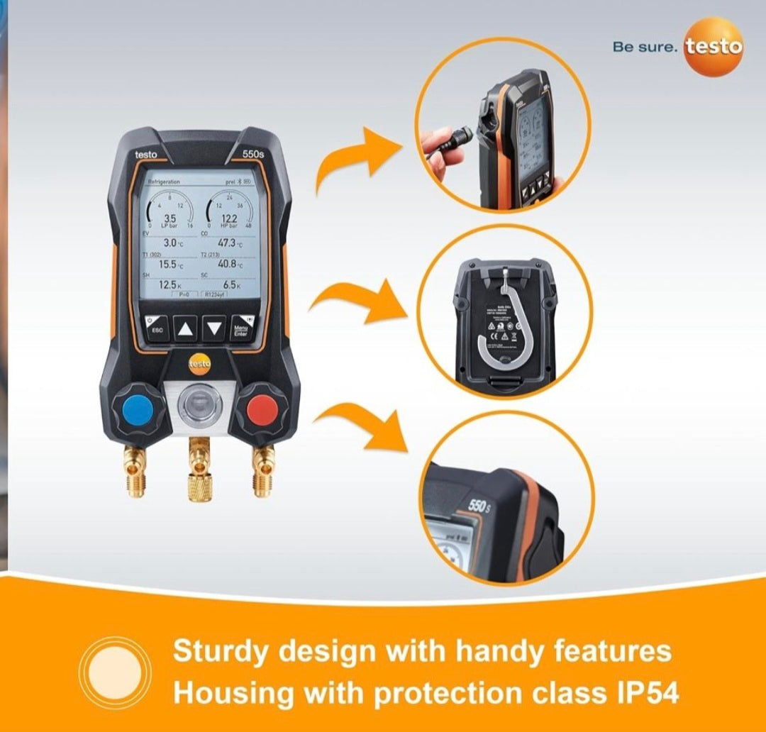 Open Box testo 550s AC Manifold Gauge Set - Manifold Gauges Hvac and Refrigeration - Incl. 2x testo 115i Pipe Clamp Thermometer, 1x testo 552i Micron