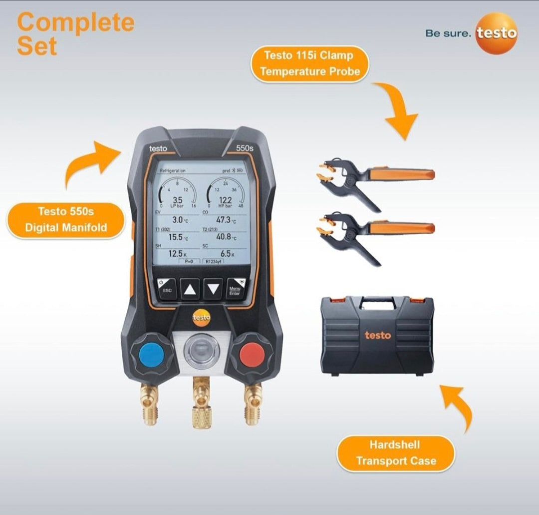 Open Box testo 550s AC Manifold Gauge Set - Manifold Gauges Hvac and Refrigeration - Incl. 2 Wired Temperature Clamp Probes - AC Recharge Kit with sup