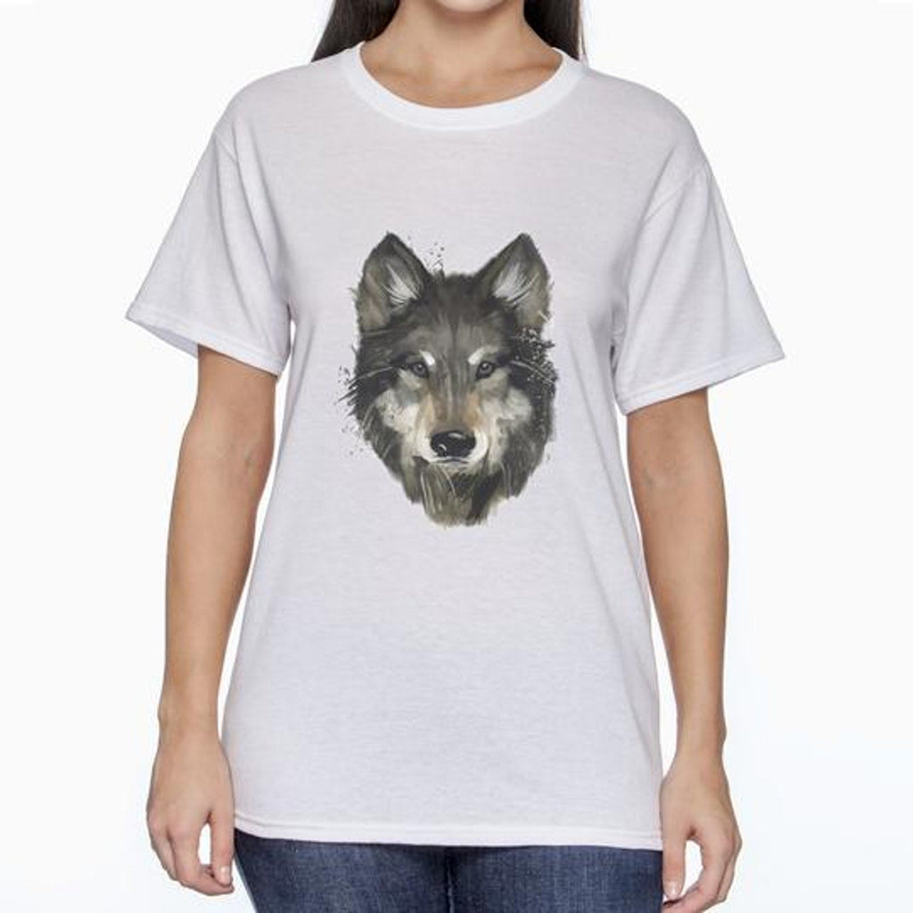 New Hand Printed Womens XL Grey Wolf Crew Neck Short Sleeve PolyCotton Tee Shirt