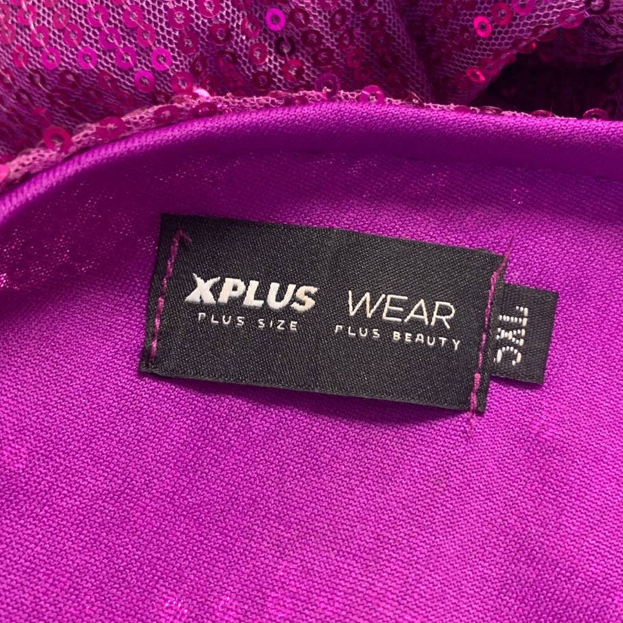XPlus Wear Plus Size 5X One Shoulder Pink Sequin Swooping Long Sleeve Dress