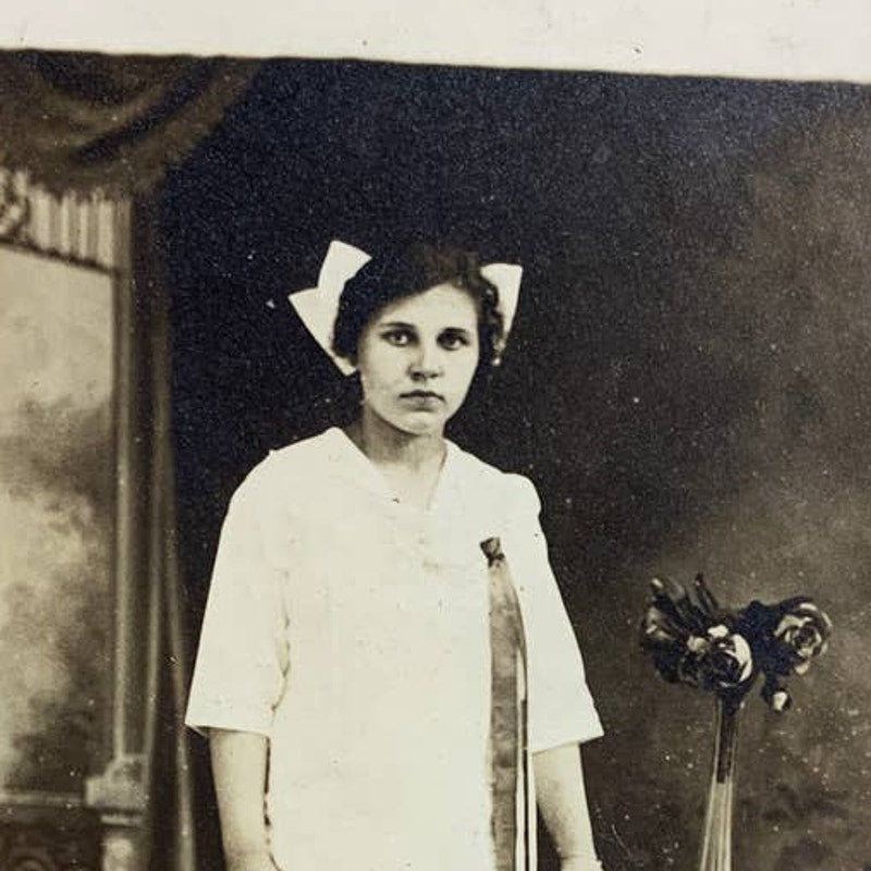 Antique Vintage Millie Floesher Girl w Long Ribbons on Dress Photograph Postcard
