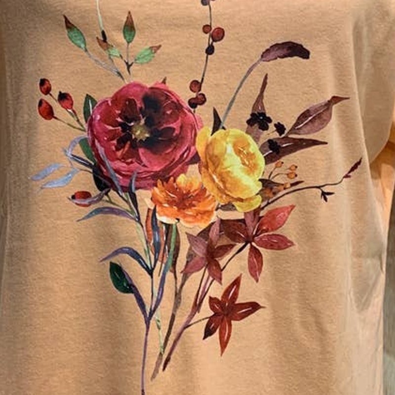 New Hand Printed XL Yellow Rose Flower Berry Bouquet PolyCotton Short Sleeve Tee