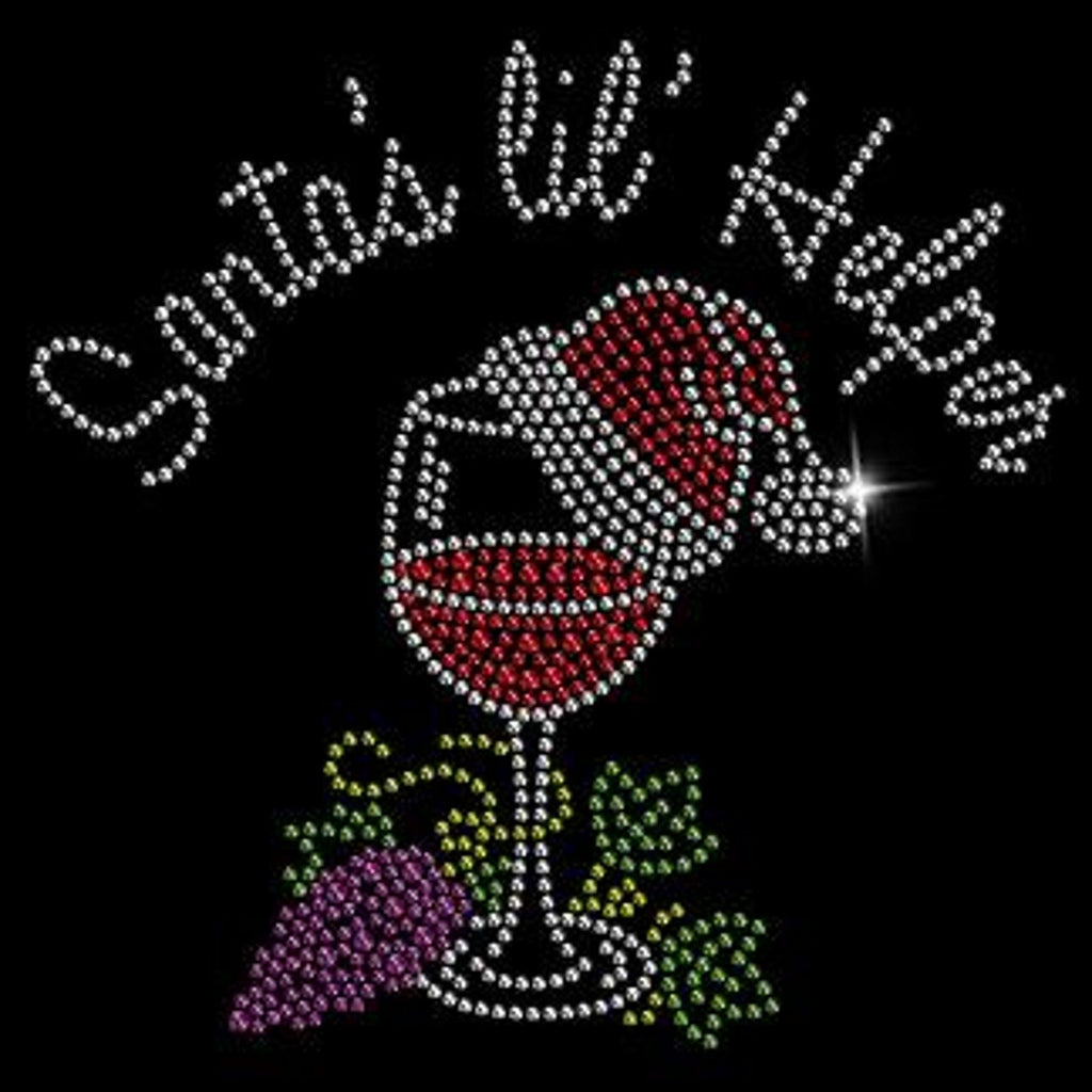 New XL Hand Printed Santa Helper Christmas Rhinestone Wine Cotton 3/4 Sleeve Tee