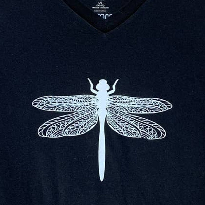 Hand Printed Upcycled Child Large (10/12) Dragonfly Short Sleeve V-Neck Tee