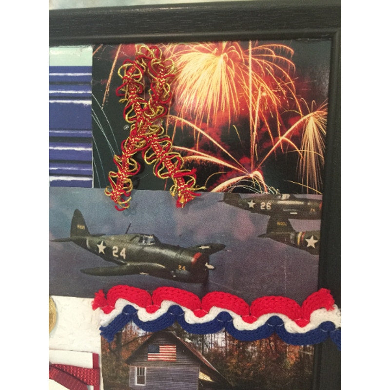 Handmade Patriotic USA Flag Veteran Americana RWB Mixed Media Collage Wall Art
