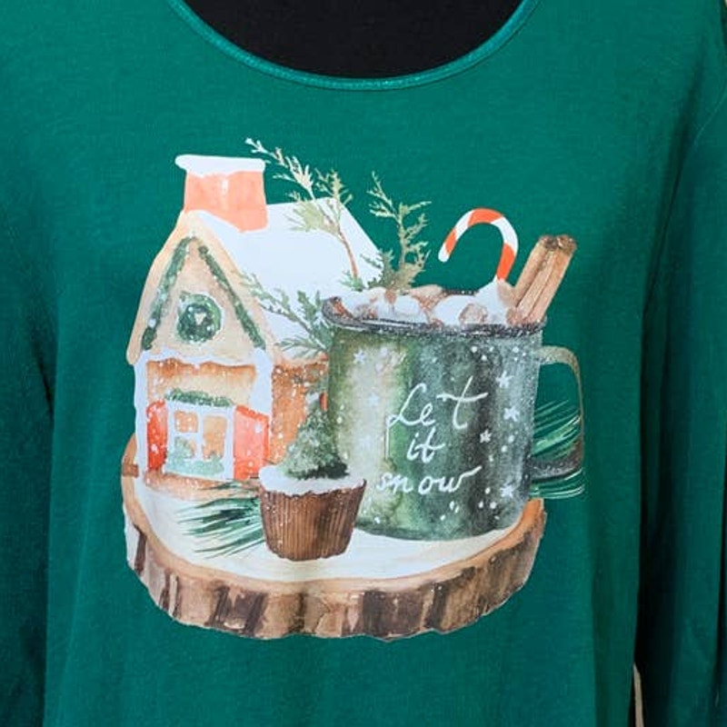 Upcycled Hand Printed XL Christmas Cottage Tree Cupcake Cocoa 3/4 Sleeve Tee