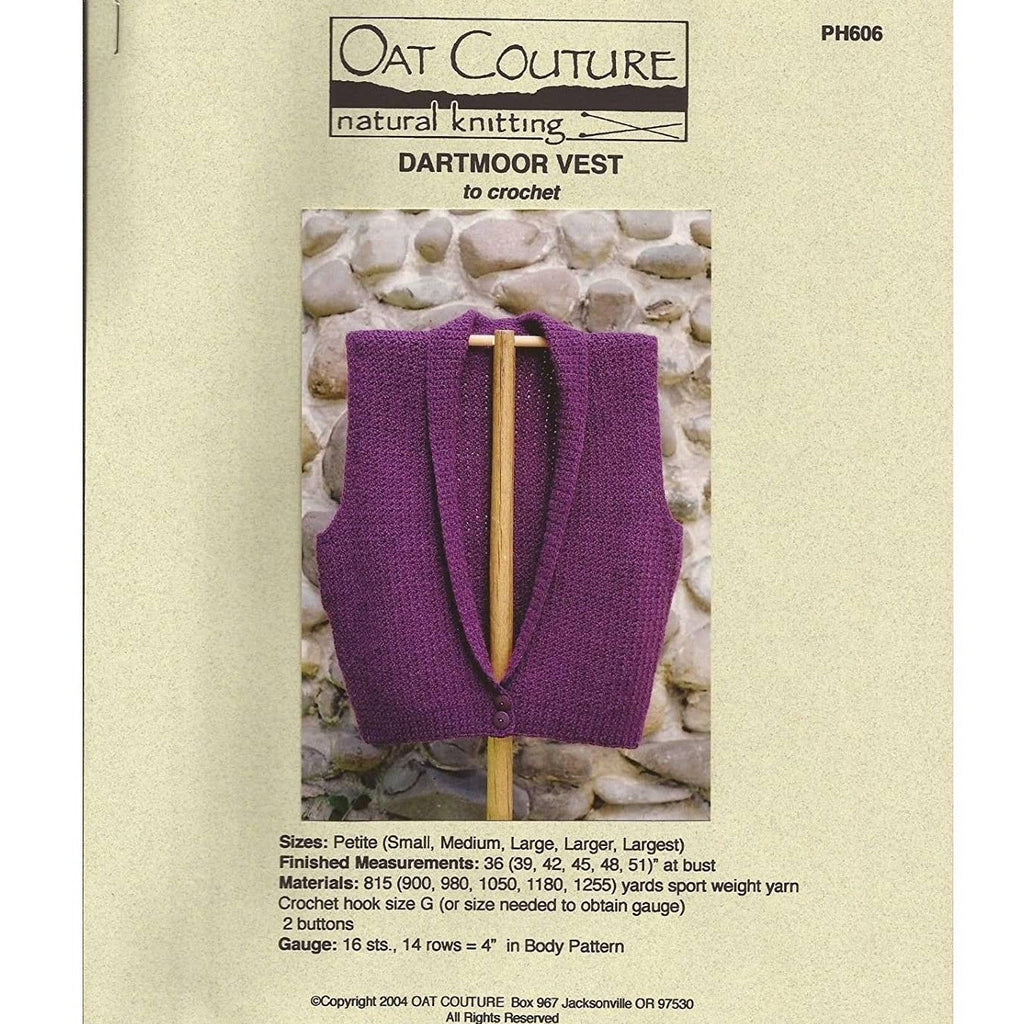 NWT Oat Couture PH606 Dartmoor Botton Down Vest 6 sizes Crochet Pattern