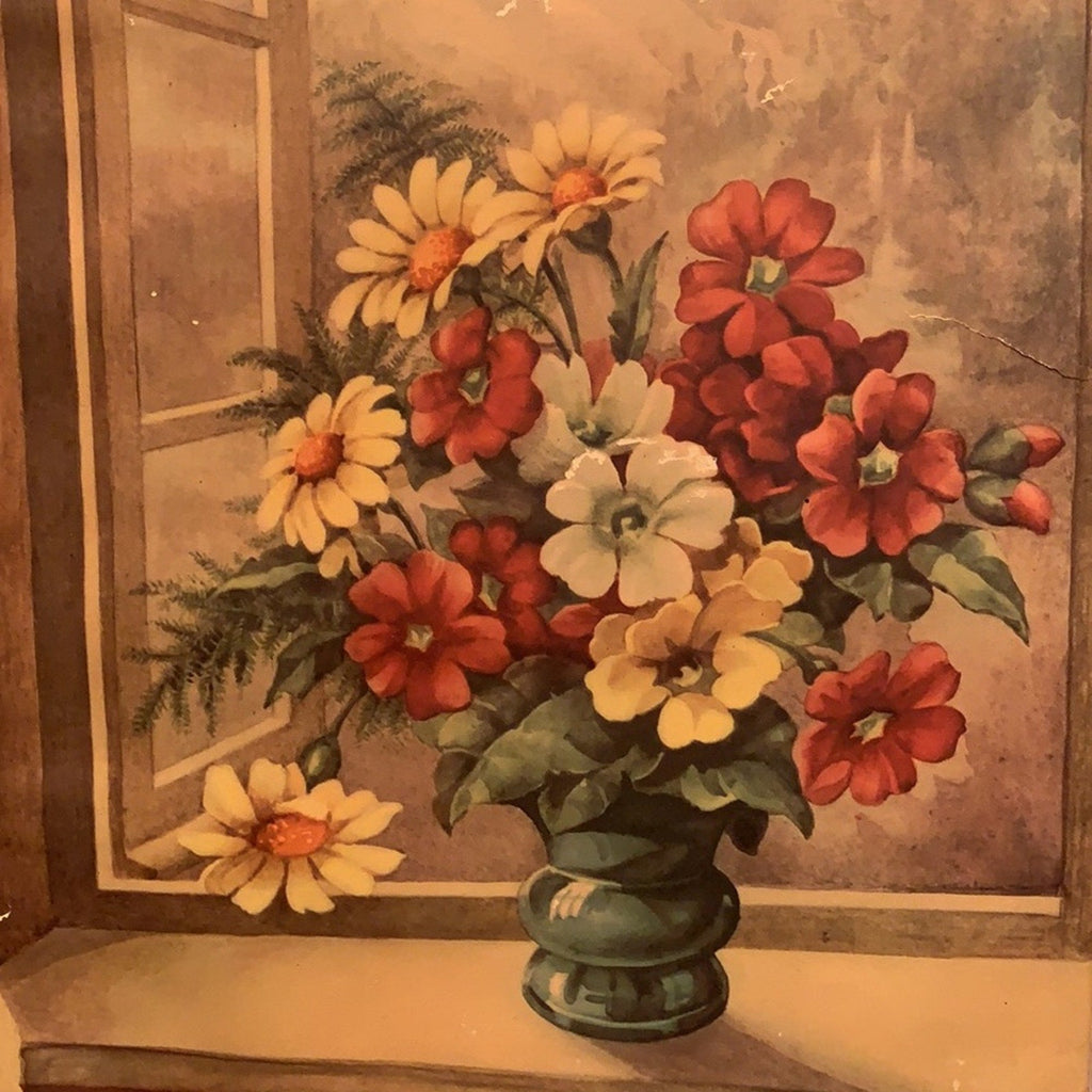 Vintage 1941 S J Bende Flowers In Window Thin Paper Brown Red Yellow Art Print