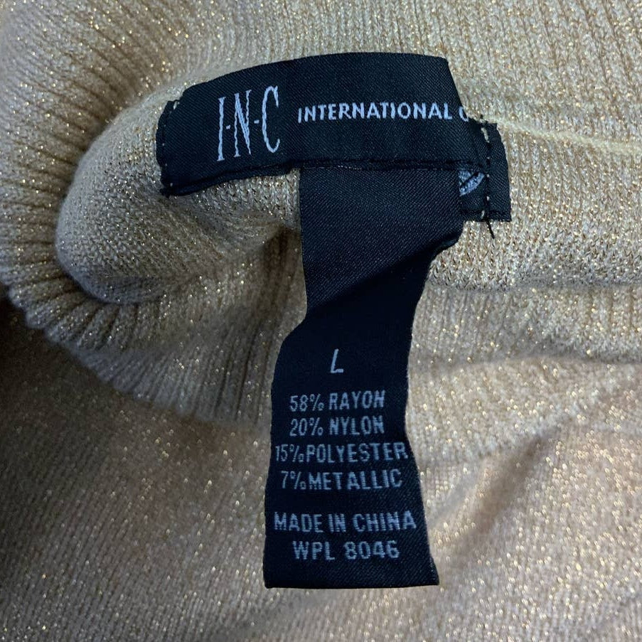 New NWT INC Large Gold Metallic Long Sleeve Turtleneck Low Belt Sweater Dress